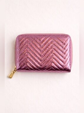 NWT IMO Vegan Pink Metallic Chevron Zip Around Wallet Quilted Wristlet
